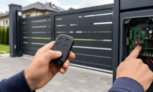 Programowanie pilota do bramy. Dłoń trzyma pilot, druga naciska przycisk na płytce sterownika bramy.