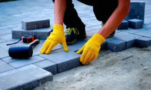 Ręce w żółtych rękawiczkach układają kostkę brukową. Zastanawiasz się, ile kosztuje metr kostki brukowej? Narzędzia leżą obok.