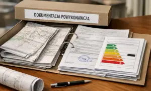 Pudełko z napisem "Dokumentacja powykonawcza" zawiera mapy, dokumenty i etykietę energetyczną.