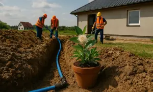Pracownicy wykonują przyłącze wody, układając niebieską rurę w wykopie. W doniczce obok rośnie kwiat.
