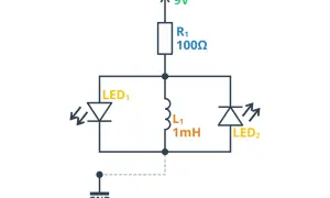 Schemat elektryczny z rezystorem 100Ω, dwoma diodami LED i cewką (dławik) L1 1mH, zasilany napięciem 9V.