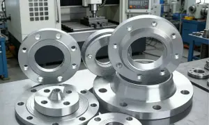 Metalowe kołnierze, gotowe do montażu, leżą na stole warsztatowym obok maszyny CNC.