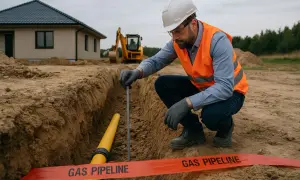 Budowlaniec mierzy na jakiej głębokości rura od gazu w wykopie, obok taśmy ostrzegawczej "GAS PIPELINE".