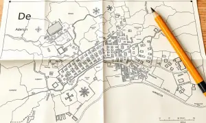 Mapa zasadnicza działki z zaznaczonymi budynkami, drogami i nazwami terenów. Widoczny fragment mapy z ołówkiem.