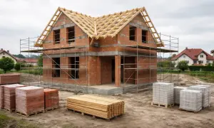 Budowa domu 220m2 w toku. Cegły, pustaki i drewno czekają na użycie.