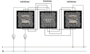 Schemat jak podłączyć włącznik światła podwójny trzy przewody: schodowy, krzyżowy, schodowy.