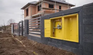 Żółta skrzynka z instalacją gazową w murze ogrodzenia. W tle dom w budowie.