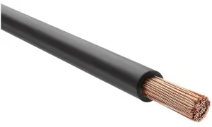 Gruby, czarny kabel z widocznym, miedzianym, wielożyłowym przewodem. Idealny do przesyłu energii, jak lgy.