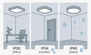 Trzy lampy sufitowe: IP20 w biurze, IP54 w korytarzu, IP65 w wilgotnym pomieszczeniu.