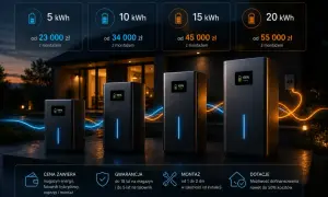 Cztery magazyny energii o różnej pojemności (5-20 kWh) z cenami i informacjami o gwarancji, montażu i dotacjach.