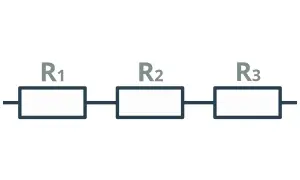 Schemat obwodu elektrycznego: trzy rezystory R1, R2, R3 połączone szeregowo.