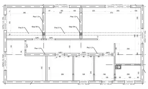 Plan konstrukcyjny z wymiarami, słupami i oznaczeniami elementów, typowy dla projektu cad.