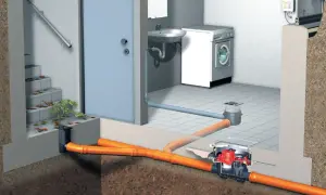 Schemat instalacji odprowadzającej wodę z pralki i umywalki. Widoczny jest przyłącze kanalizacyjne z pompą i rurami.