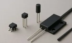 Różne rodzaje czujników magnetycznych: miniaturowe obudowy z wyprowadzeniami, cylindryczny element oraz większy moduł z dwoma bolcami, przypominające działaniem kontaktron.