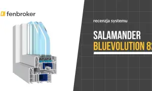 Przekrój okna Salamander Bluevolution 82, prezentujący jego wielokomorową konstrukcję i energooszczędne szyby.