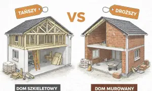 Porównanie budowy: dom szkieletowy (tańszy) z widoczną drewnianą konstrukcją vs. dom murowany (droższy) z ceglanymi ścianami.