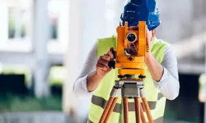 Geodeta w kamizelce odblaskowej i kasku pracuje z tachimetrem. Dowiedz się, ile kosztuje geodeta.