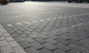 Szary parking wyłożony kostką holland. W tle widać zaparkowane samochody.