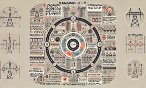 Schemat egzaminu na uprawnienia budowlane elektryczne. Diagram przedstawia zasady, wymagania i odpowiedzialność.
