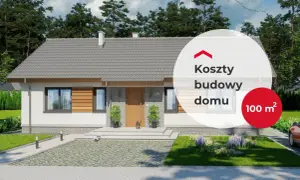 Nowoczesny dom jednorodzinny z podjazdem i ogrodem. Okrągła grafika informuje o kosztach budowy domu 100 m².