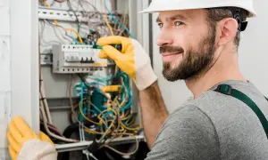 Elektryk z uprawnieniami SEP do 1kV pracuje przy rozdzielnicy, poprawiając okablowanie.