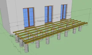 Projekt tarasu z widocznymi legarami podtrzymującymi konstrukcję. Wymiary elementów konstrukcyjnych są zaznaczone na rysunku.