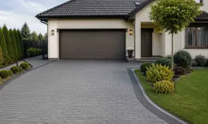 Nowoczesny podjazd z kostki brukowej, świetny pomysł na tani podjazd. Elegancki dom z garażem i zadbanym ogrodem.
