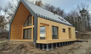 Nowoczesny dom modułowy z drewna i szarego dachu, otoczony drzewami.