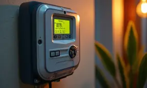 Cyfrowy licznik energii elektrycznej z wyświetlaczem pokazującym stan przedpłaty. Gotowy do doładowania licznika przedpłatowego.