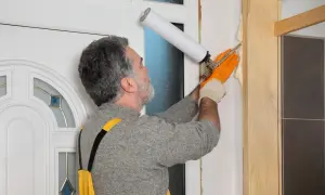 Mężczyzna w pomarańczowych rękawicach uszczelnia pianką montażową framugę drzwi.