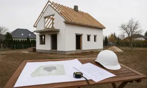 Plany i biały kask budowlany leżą na stole obok domu w budowie. Czy to dom bez pozwolenia?