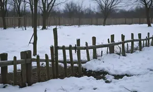 Drewniany płot z nierównymi słupkami, otoczony śniegiem i nagimi drzewami.