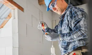 Elektryk w kasku i okularach montuje oprawkę żarówki. Zastanawiasz się, ile za punkt elektryczny?