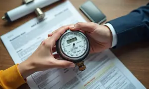 Dwie osoby trzymają licznik, przygotowując się do przepisania licznika Tauron. Na stole dokumenty i telefon.