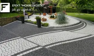 Nowoczesna ścieżka z kostki brukowej w odcieniach szarości i bieli, z elementami kamiennymi i zielenią.