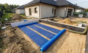 Budowa domu z fundamentami i instalacją gruntowego wymiennika ciepła. Niebieskie maty z otworami i rury tworzą system.
