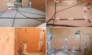 Budowa domu w toku: instalacje elektryczne i hydrauliczne, w tym rury **propanu**, czekają na wykończenie.