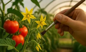 Ręka z pędzelkiem delikatnie dotyka kwiatów pomidora, naśladując naturalnego zapylacza.