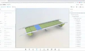 Program do projektowania prezentuje model mostu z widocznymi elementami, takimi jak płyty pomostu i podpory.