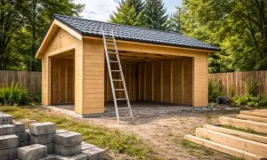 Drewniany garaż bez pozwolenia w budowie, z drabiną opartą o dach. Wokół materiały budowlane: betonowe pustaki i drewniane belki.