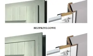 Porównanie drzwi przylgowe i bezprzylgowe: widok zewnętrzny i przekrój ościeżnicy.