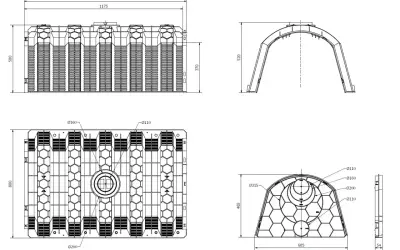 Rysunek techniczny przedstawia modułowy tunel rozsączający o wymiarach 1200x800x500 mm, z otworami o średnicach 110, 160, 200 i 315 mm.