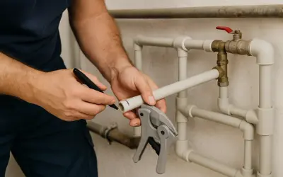 Instalator zaznacza markerem miejsce cięcia na rurze PP, przygotowując ją do montażu instalacji wodnej.