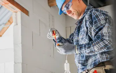 Elektryk w kasku i okularach montuje oprawkę żarówki. Zastanawiasz się, ile za punkt elektryczny?