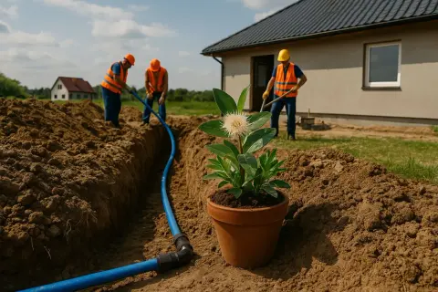 Pracownicy wykonują przyłącze wody, układając niebieską rurę w wykopie. W doniczce obok rośnie kwiat.
