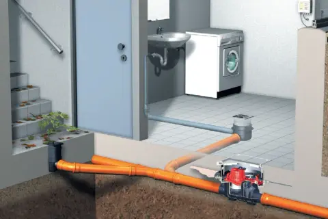 Schemat instalacji odprowadzającej wodę z pralki i umywalki. Widoczny jest przyłącze kanalizacyjne z pompą i rurami.