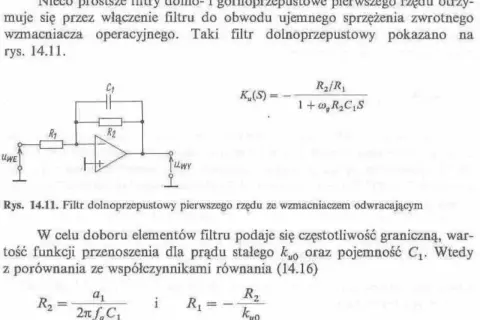 Schemat filtru dolnoprzepustowego z wzmacniaczem operacyjnym. Wzór na częstotliwość graniczną i funkcję przenoszenia.
