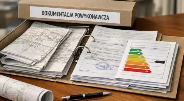Pudełko z napisem "Dokumentacja powykonawcza" zawiera mapy, dokumenty i etykietę energetyczną.