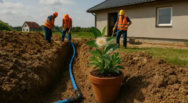 Pracownicy wykonują przyłącze wody, układając niebieską rurę w wykopie. W doniczce obok rośnie kwiat.