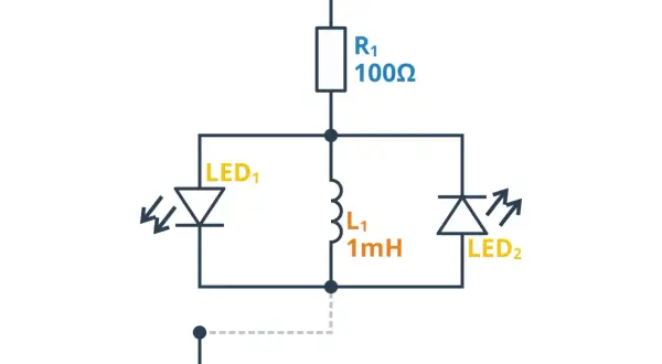 Schemat elektryczny z rezystorem 100Ω, dwoma diodami LED i cewką (dławik) L1 1mH, zasilany napięciem 9V.